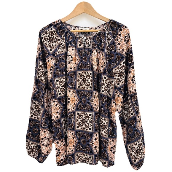 Loft Outlet Floral Medallion Popover Peasant Blouse Boho Blue Gray XL - Picture 1 of 11